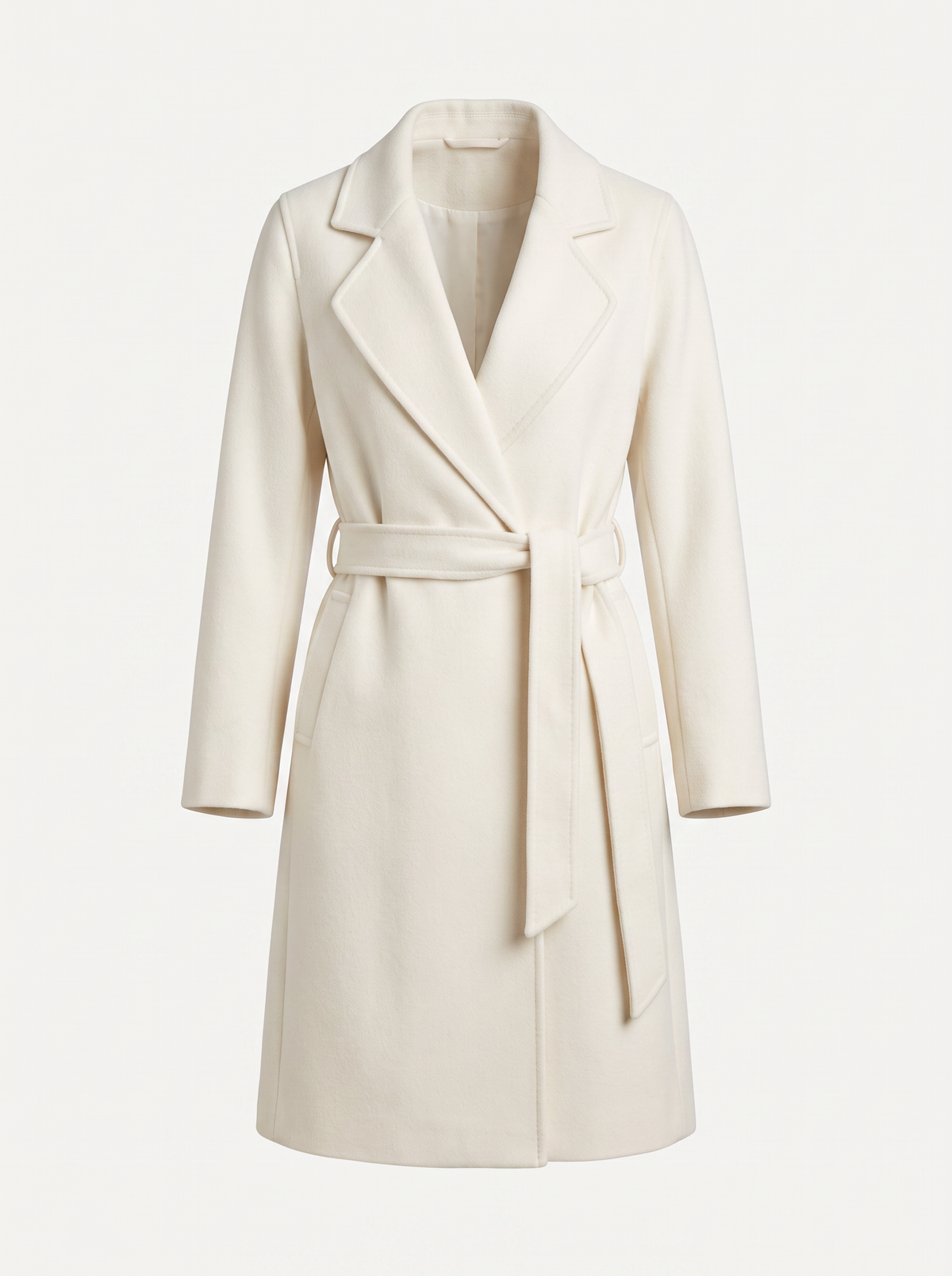 White belted wrap coat with wide lapel