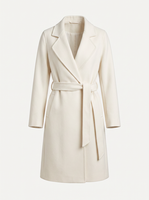 White belted wrap coat with wide lapel