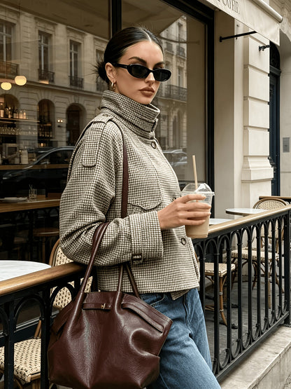 Khaki Houndstooth Cropped Jacket, Stand Collar - view 4
