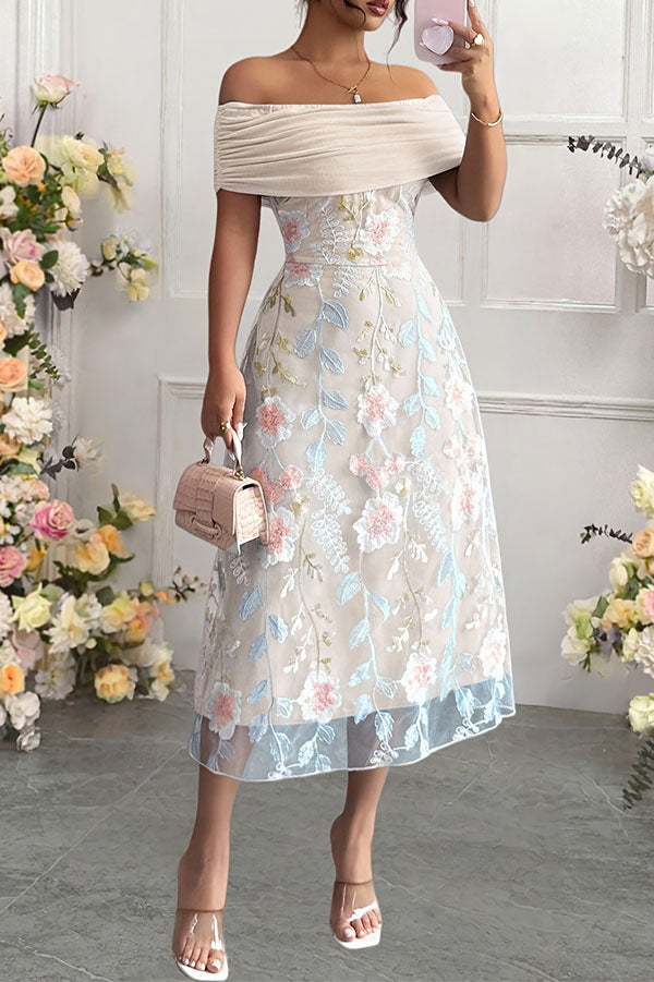 One-Shoulder Floral Applique Midi Dress - view 4