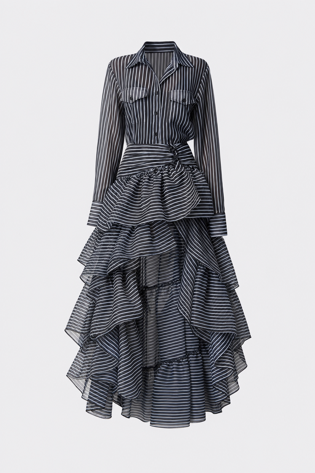 Black striped shirt and tiered skirt set