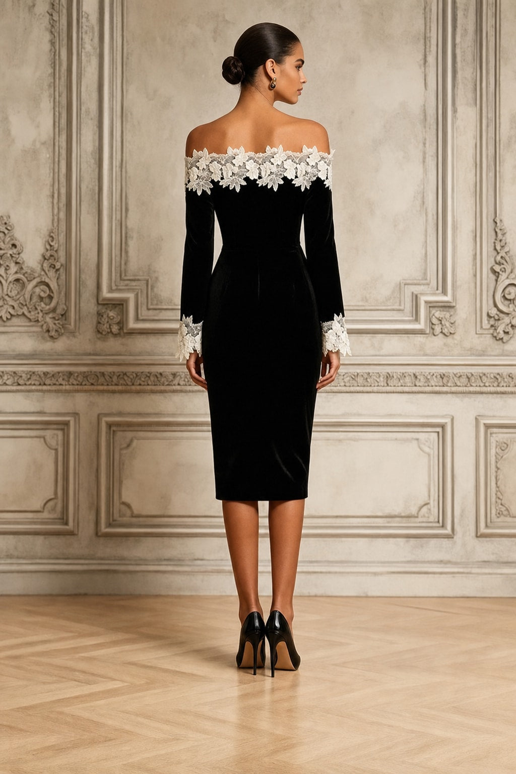 Velvet Lace Off-Shoulder Sheath Midi Dress - 3