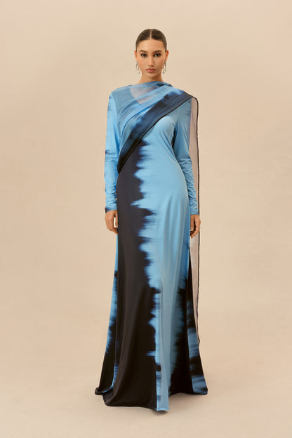 Blue Ombre Tie-Dye Maxi Dress with Cape Drape - view 2