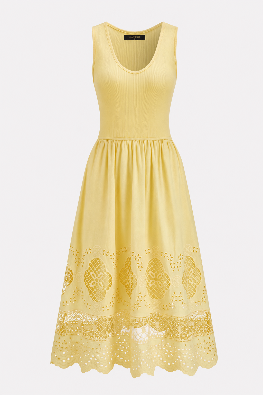 Yellow eyelet embroidery sleeveless midi dress
