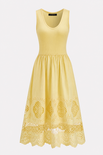Yellow eyelet embroidery sleeveless midi dress