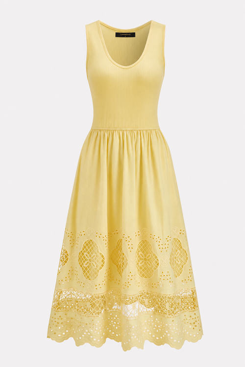 Yellow eyelet embroidery sleeveless midi dress