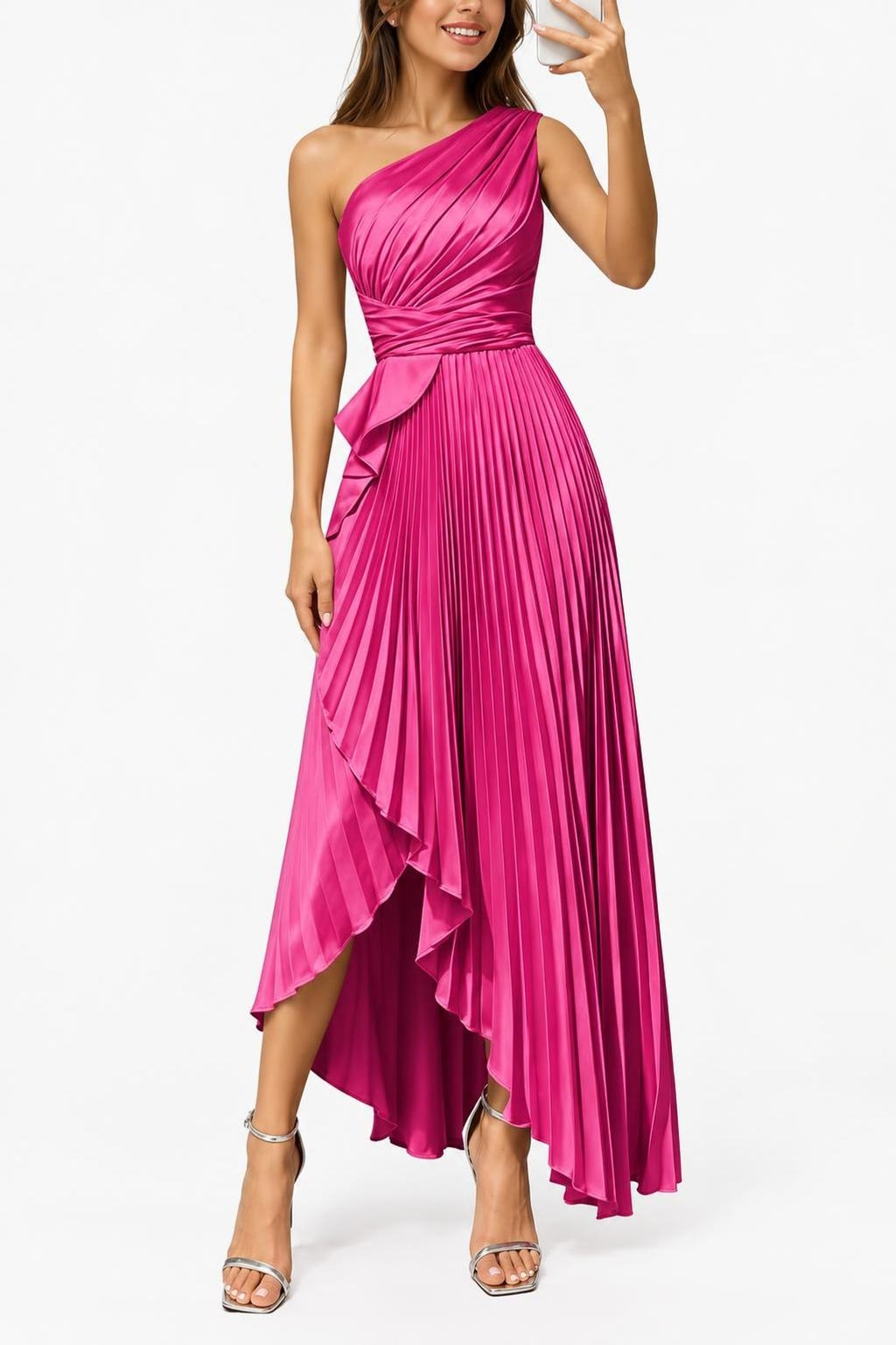 Satin Maxi Dress With One-Shoulder Neckline - 9