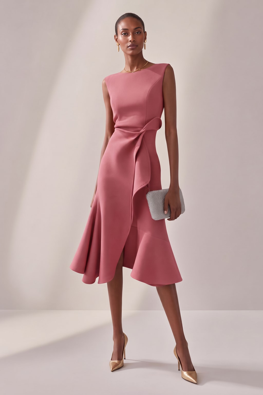 Satin Midi Dress With Asymmetric Draped Detail - 5
