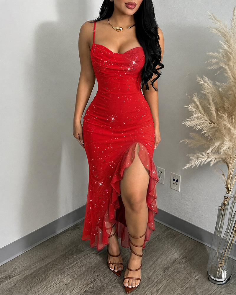 Red Glitter Mesh Mermaid Cami Dress - view 3