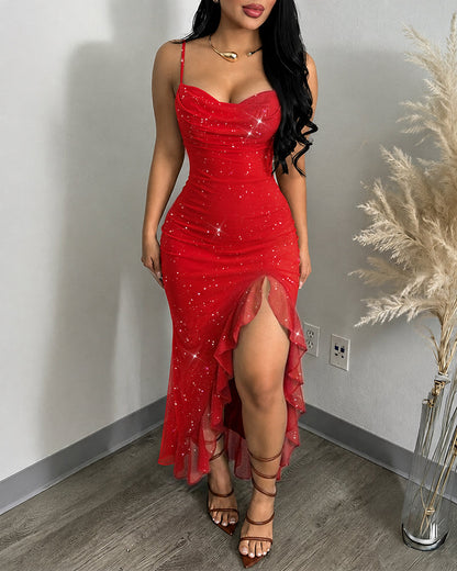 Red Glitter Mesh Mermaid Cami Dress - view 3