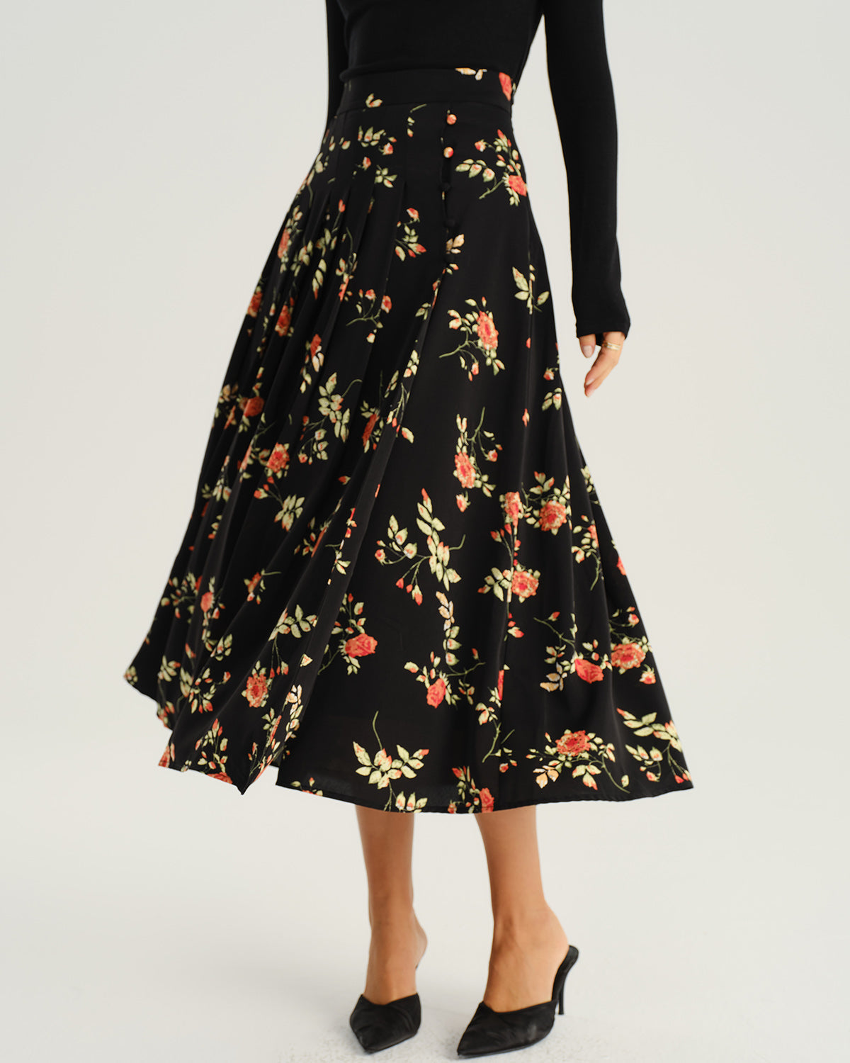 Black Ditsy Floral A-Line Midi Skirt - view 2