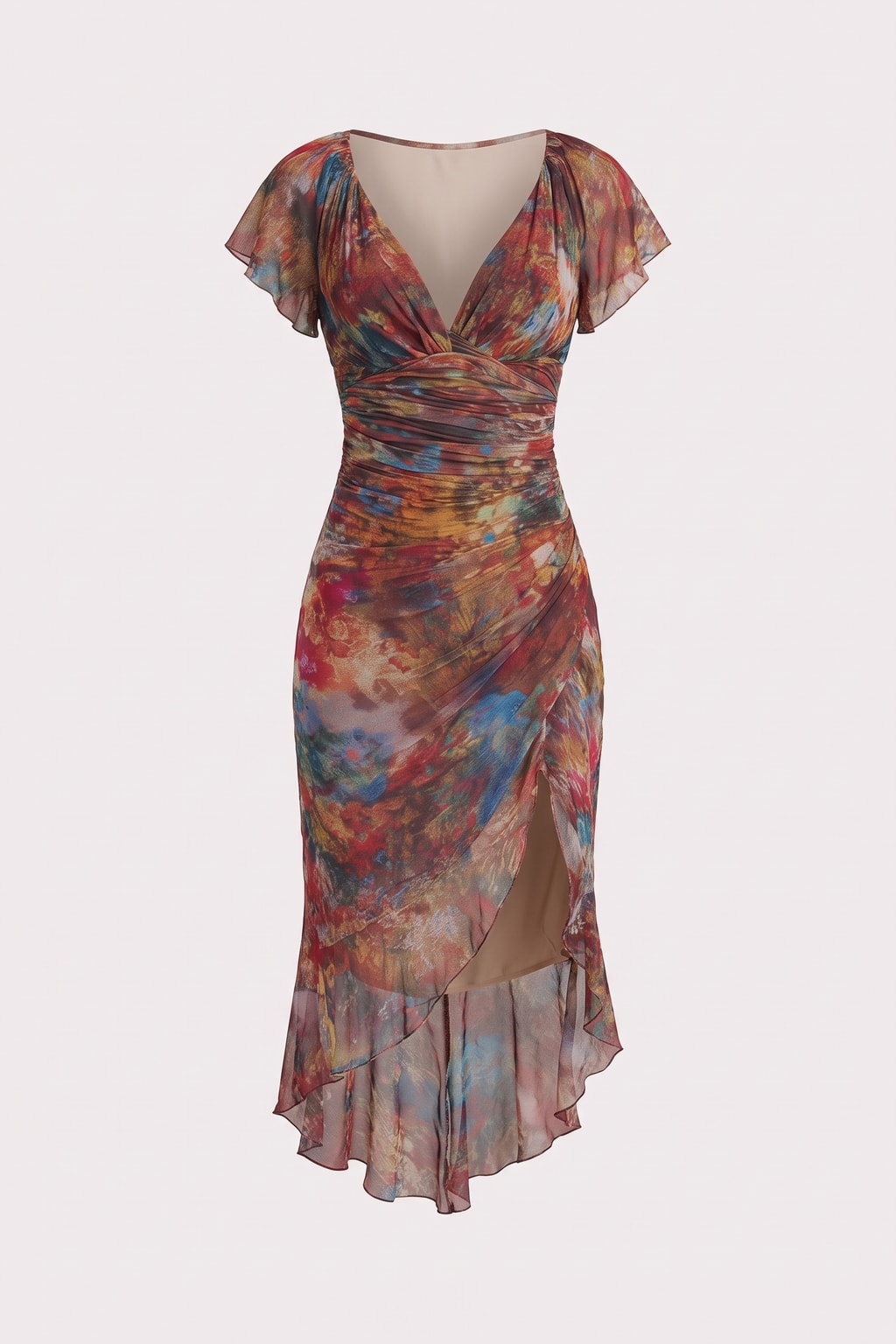 Dusty Red Printed Midi Dress With Side Slit - 1