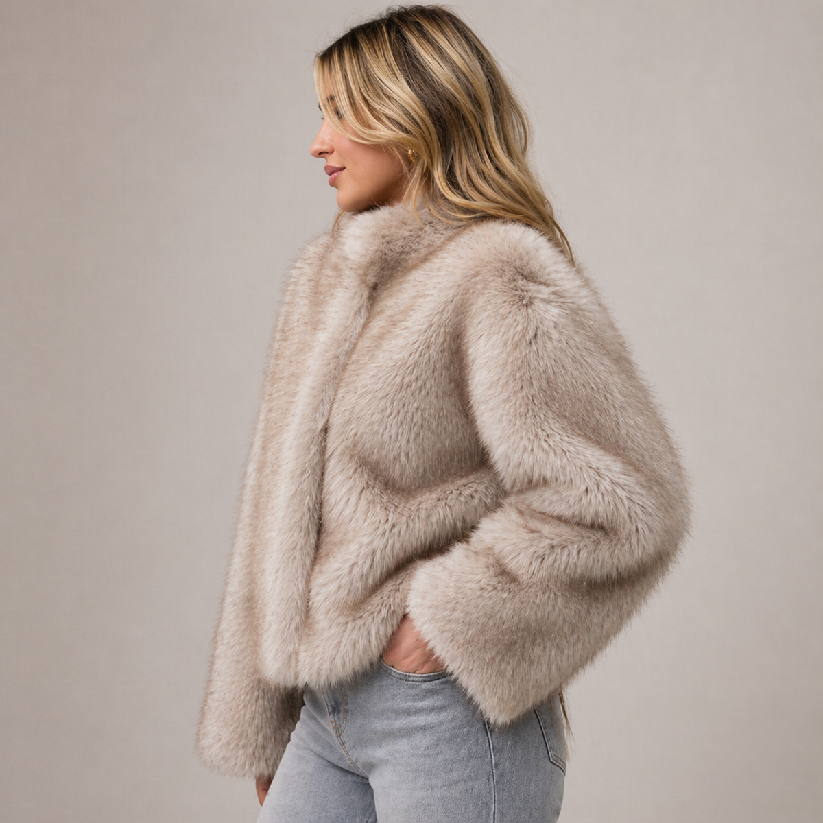 Cropped Faux Fur Jacket, Relaxed Fit - view 3