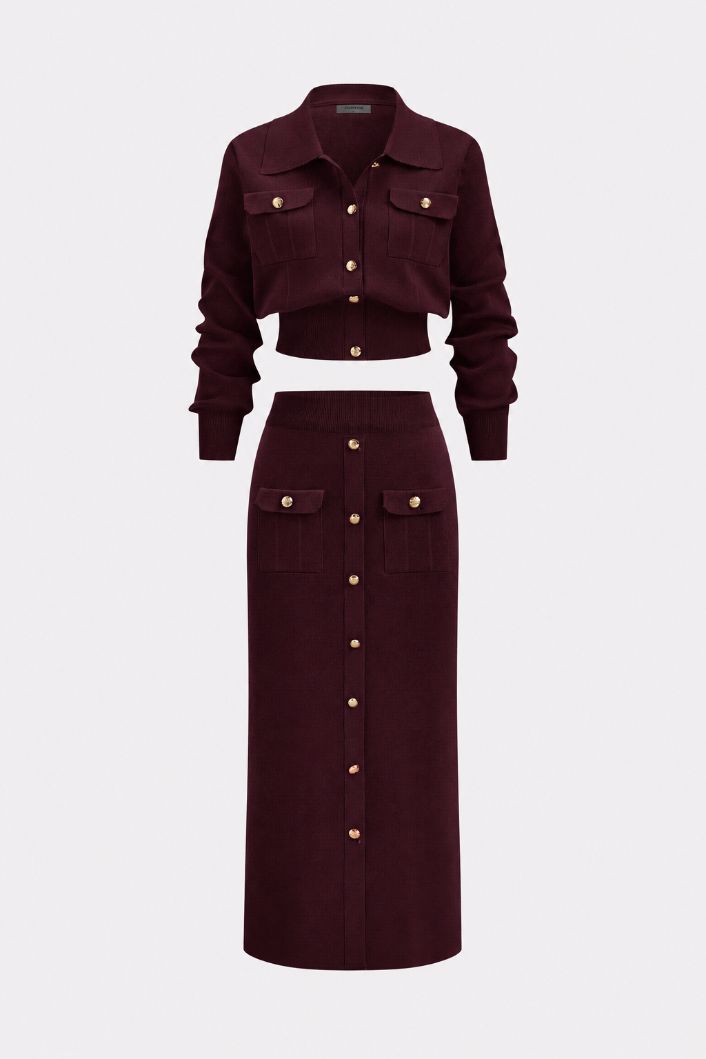 Collared Knit Cardigan and Midi Skirt Set - view 8