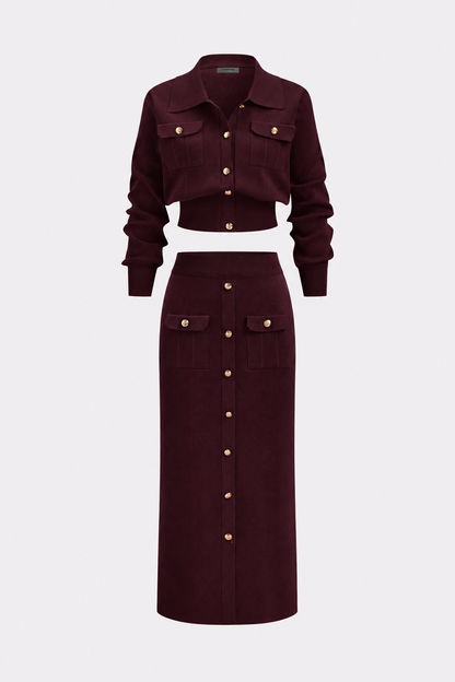 Collared Knit Cardigan and Midi Skirt Set - view 8