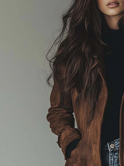 Faux Suede Longline Trench Coat with Pockets - view 6