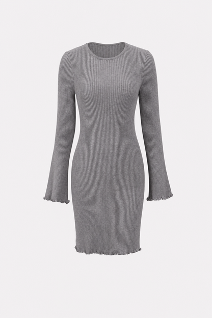 Grey Ribbed Knit Boat Neck Mini Dress