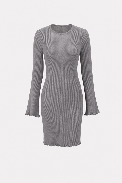 Grey Ribbed Knit Boat Neck Mini Dress