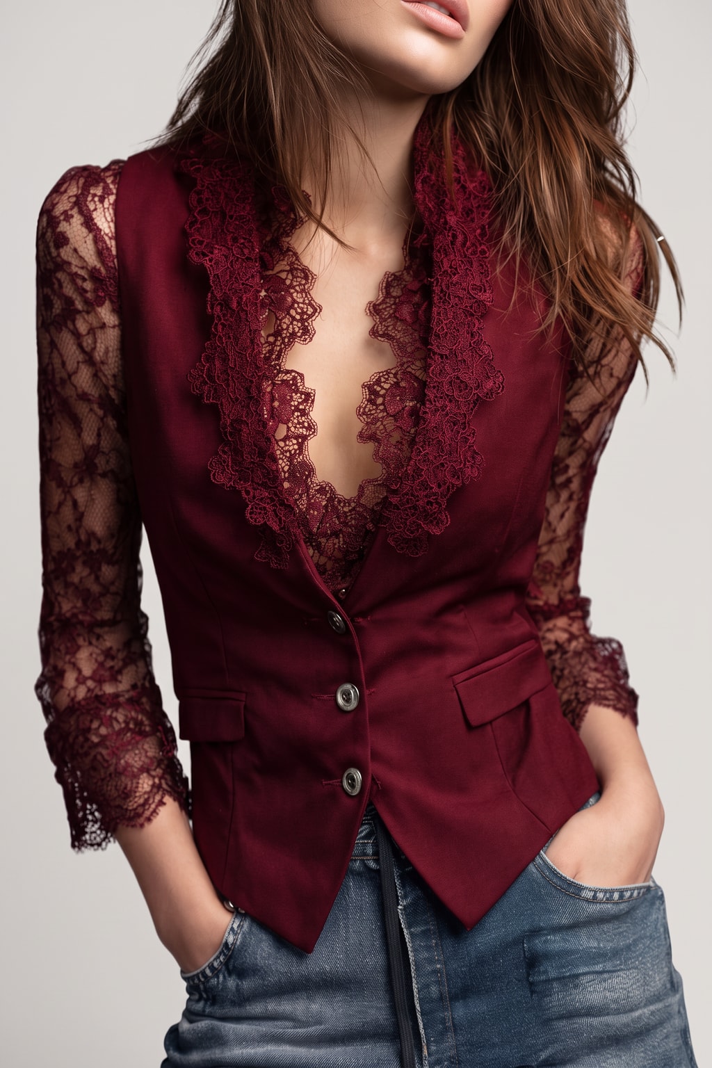 Blazer Vest With Lace Panel Sleeves - 5