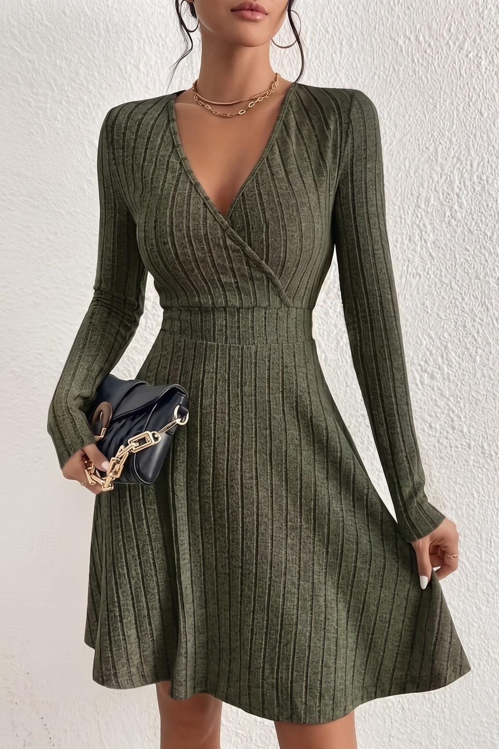 Stretch Knit A-Line Dress with V-Neck - 10