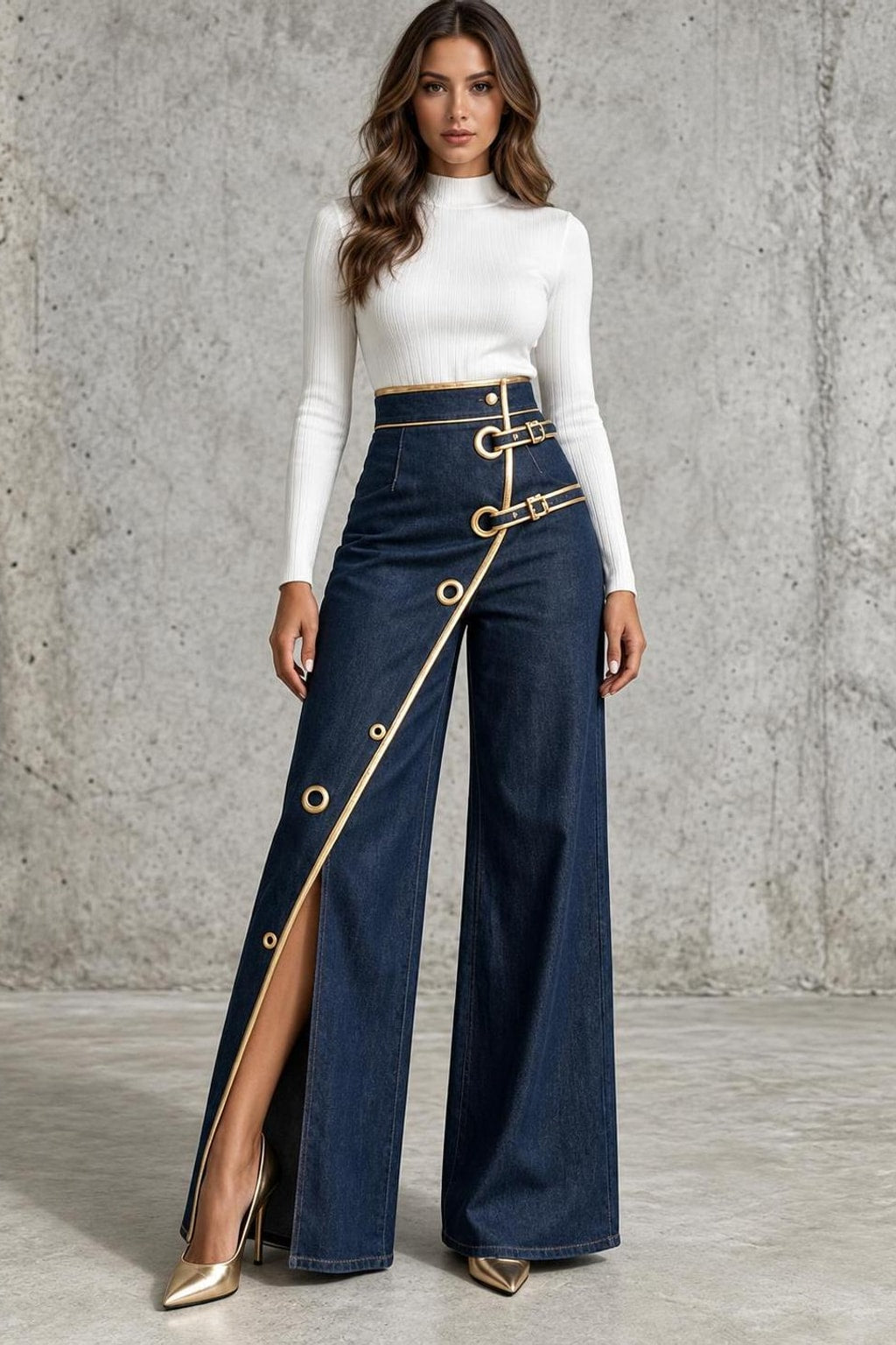 Cotton High-Waisted Wide-Leg Jeans With Gold Piping - 2