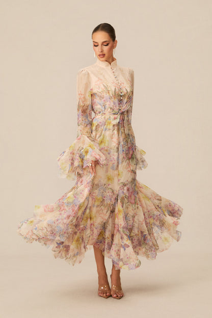 Floral Maxi Dress with Ruffle Cuffs and Tie Belt - view 5