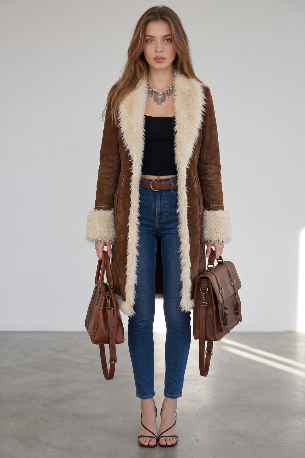 Suede Knee-Length Coat with Patchwork Design - 3