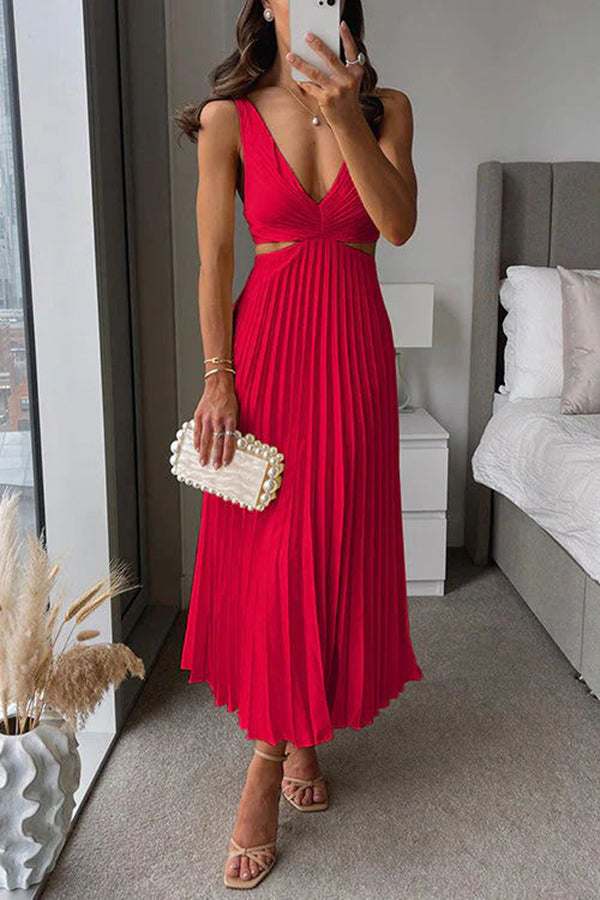 Satin pleated maxi dress with cutout waist - view 3