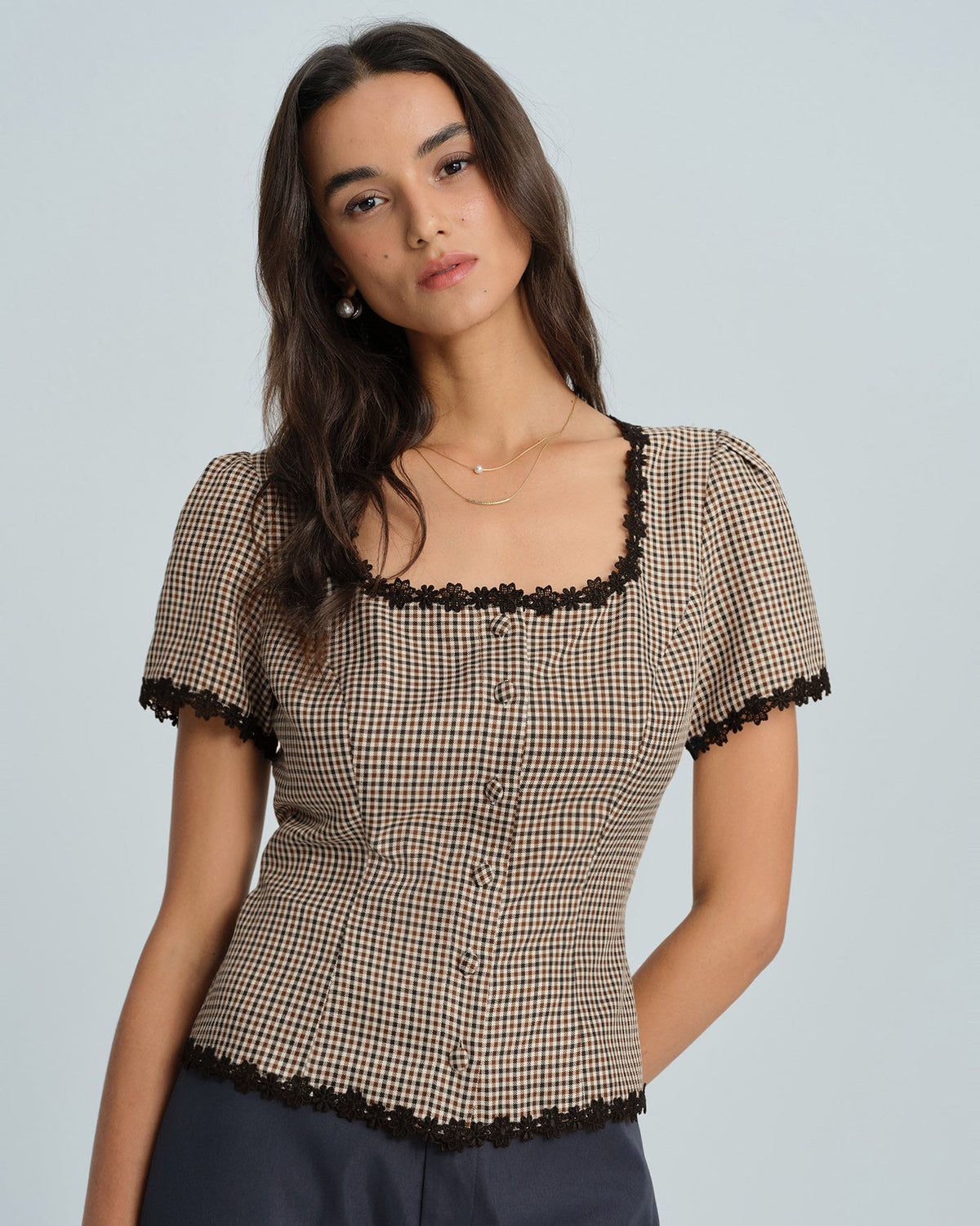 Plaid Square Neck Slim Fit Blouse - view 3