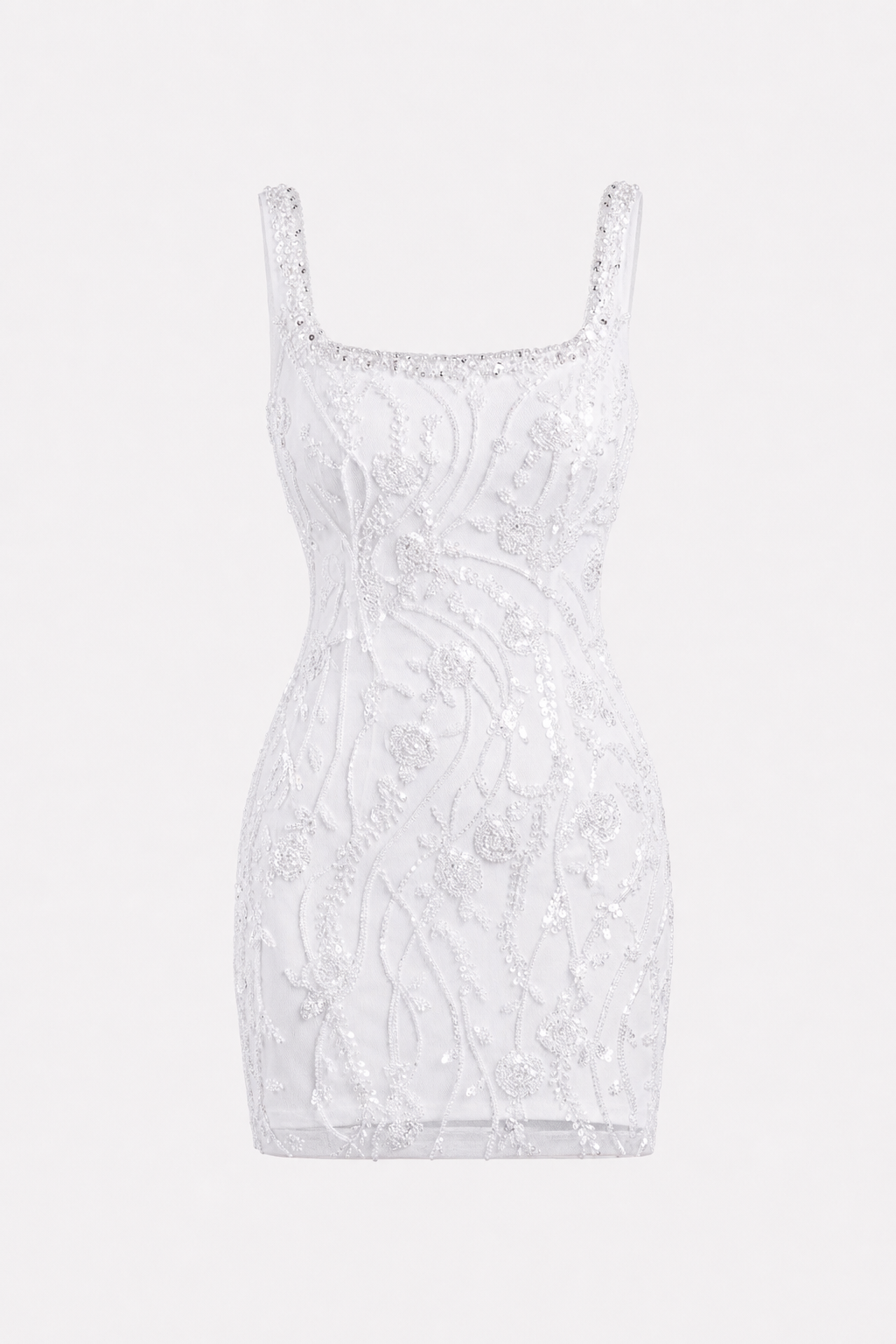 White sequin beaded square neck mini dress