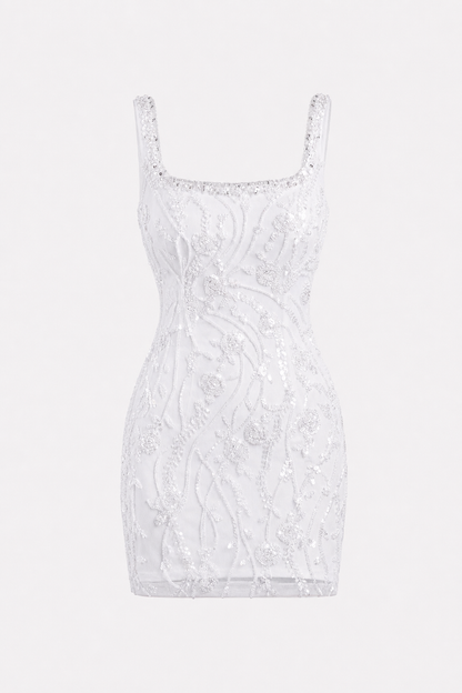 White sequin beaded square neck mini dress