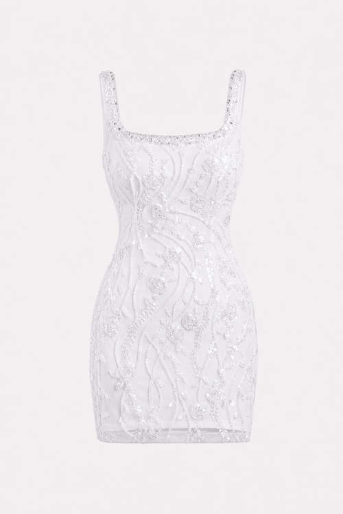 White sequin beaded square neck mini dress