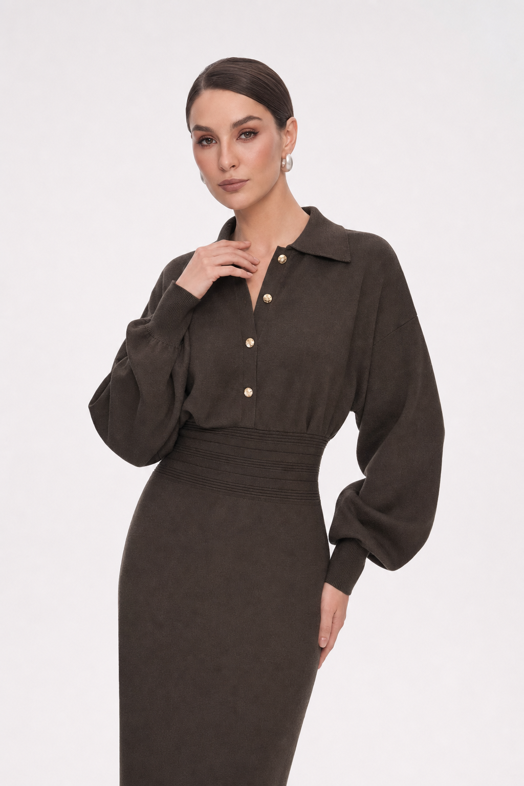 Cinched Waist Knit Shirt Dress in Brown - view 3