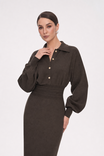 Cinched Waist Knit Shirt Dress in Brown - view 3