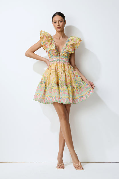 Yellow floral mini dress with ruffle trim - view 2
