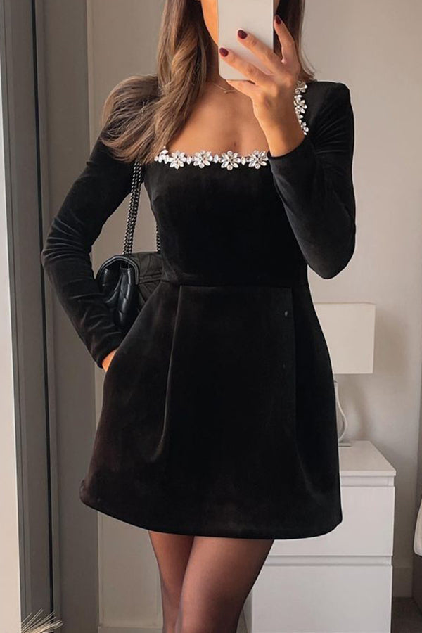 Velvet long sleeve mini dress with jeweled trim - view 2