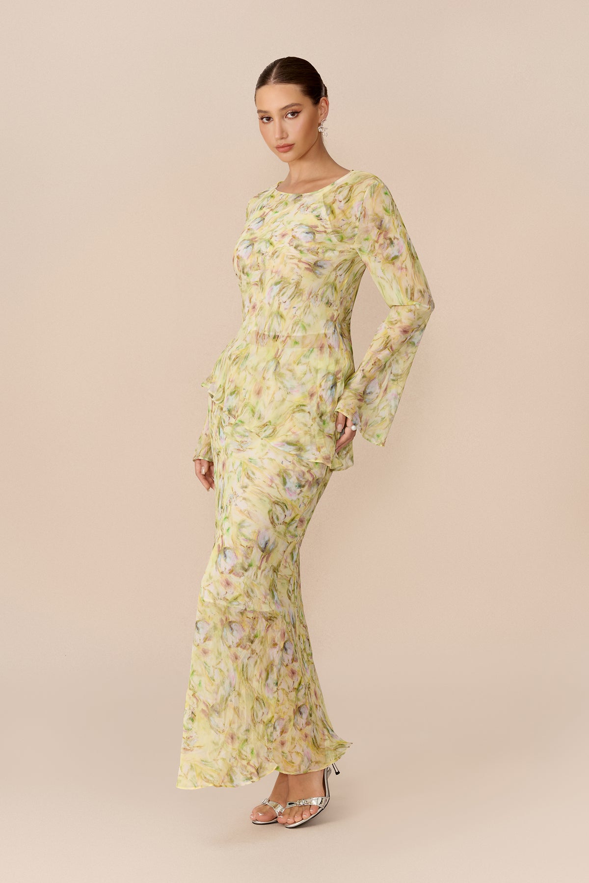 Yellow Floral Chiffon Top and Maxi Skirt Set - view 5