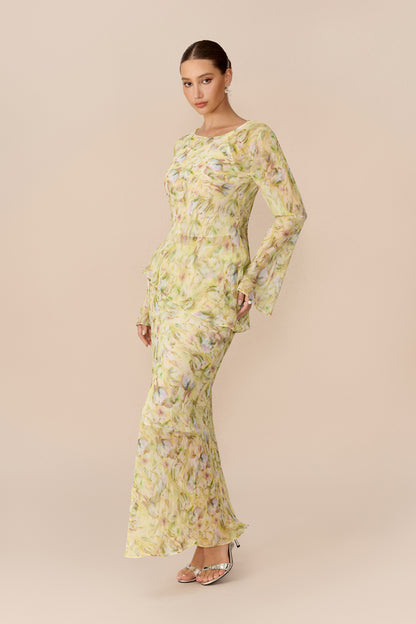 Yellow Floral Chiffon Top and Maxi Skirt Set - view 5