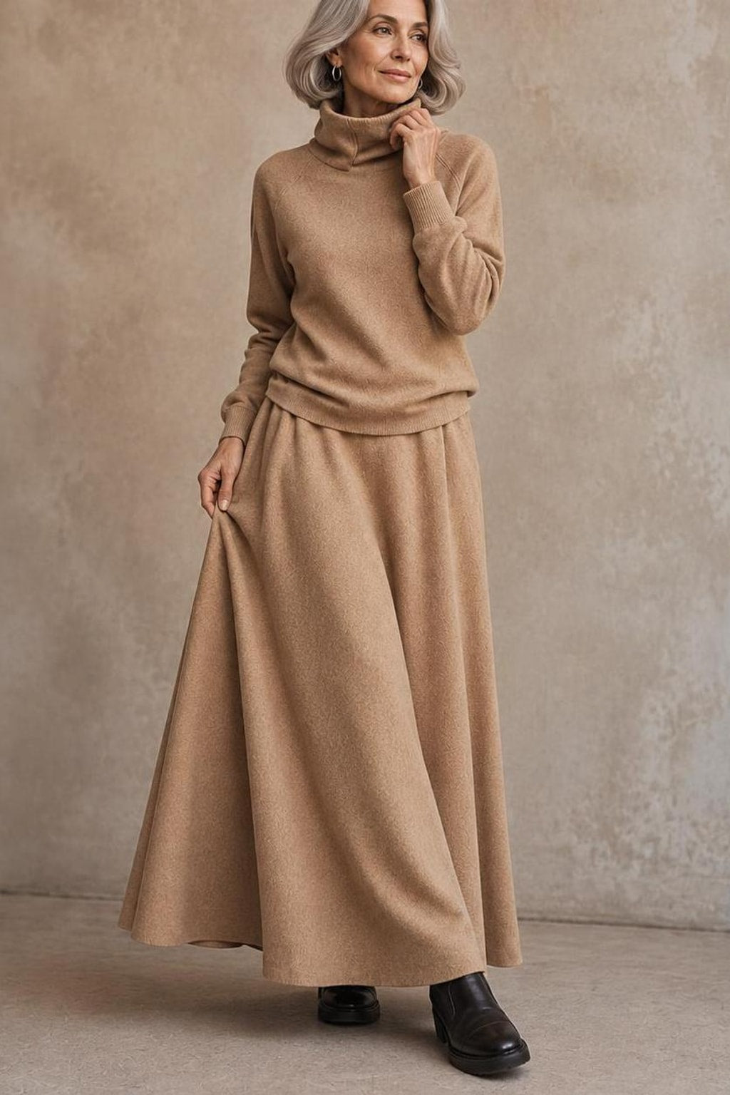 Fleece Knit Turtleneck Sweater And Maxi Skirt Set - 8