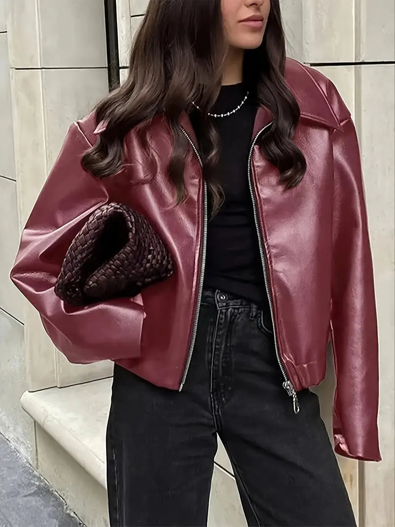 Oversized Cropped Faux Leather Jacket - view 10