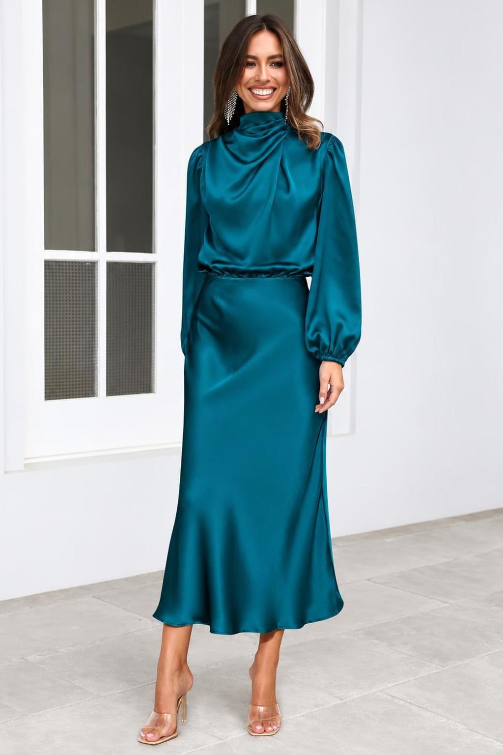 Satin High-Neck Midi Dress - 9