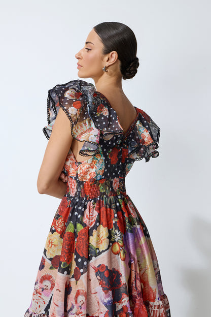 Red Floral Maxi Dress with Flutter Sleeves - view 5