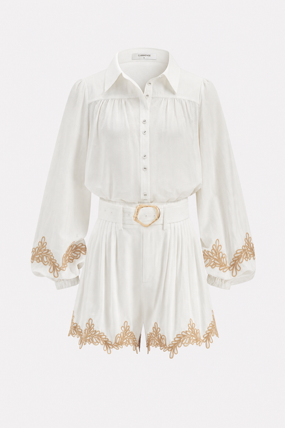 White Embroidered Cotton Shirt and Shorts Set