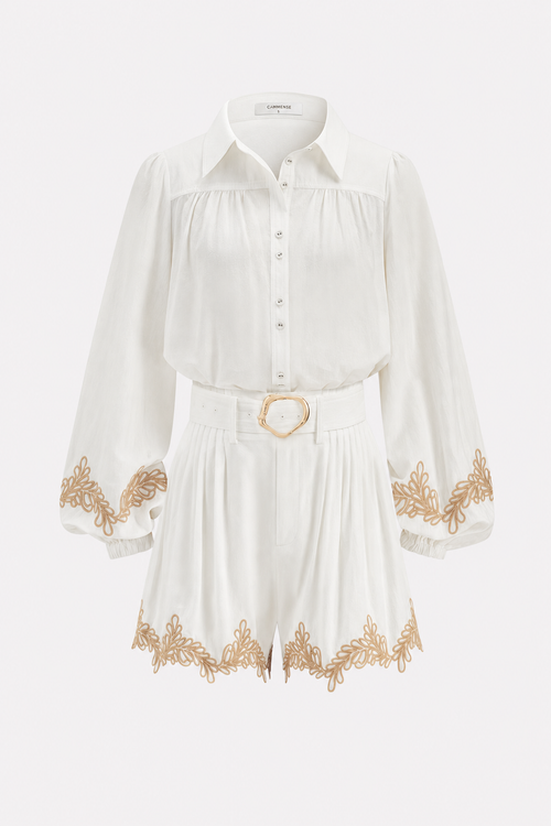 White Embroidered Cotton Shirt and Shorts Set