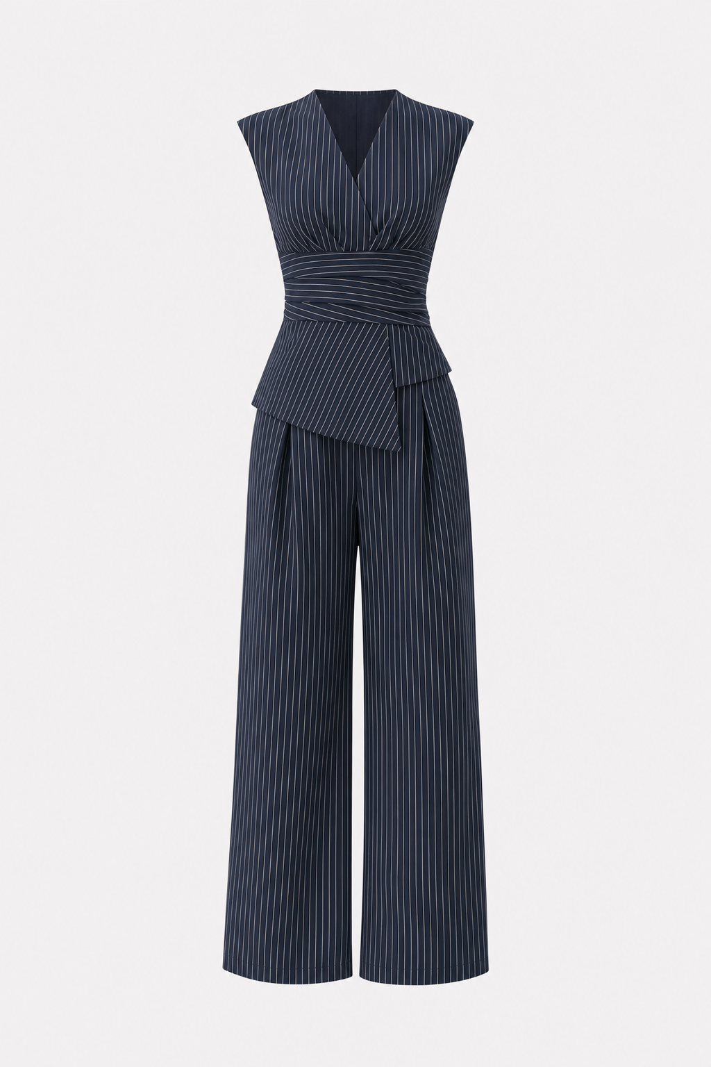 Navy woven pinstripe top and pant set