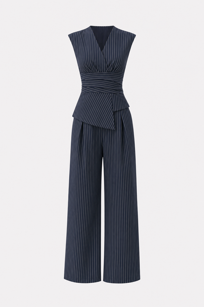 Navy woven pinstripe top and pant set