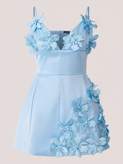 Blue satin mini dress with floral applique