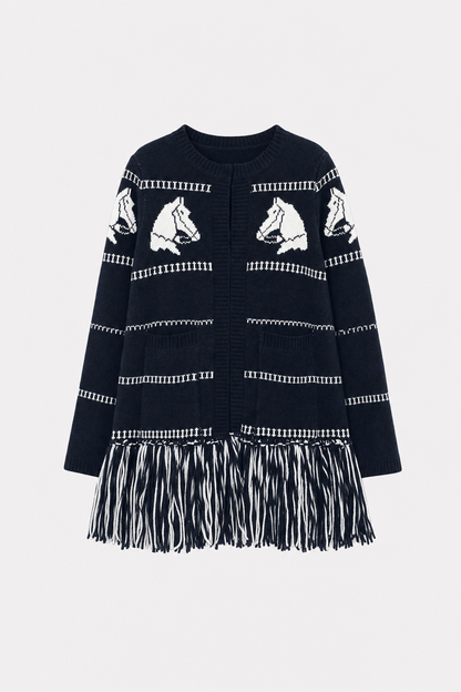 Wool blend fringe trim cardigan