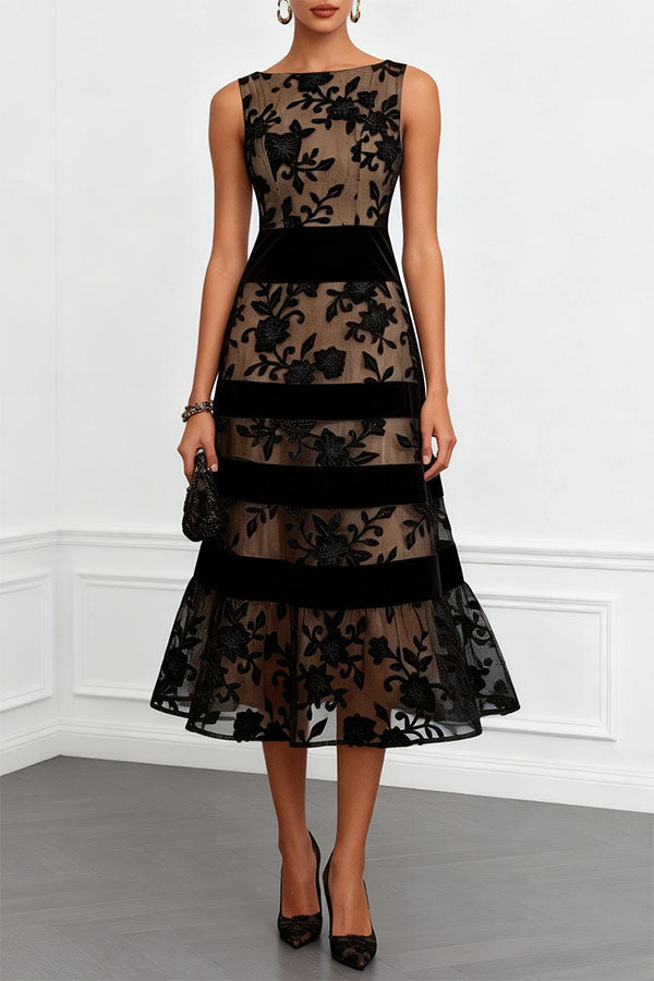 Mesh Lace Boat Neck Midi Dress - view 2