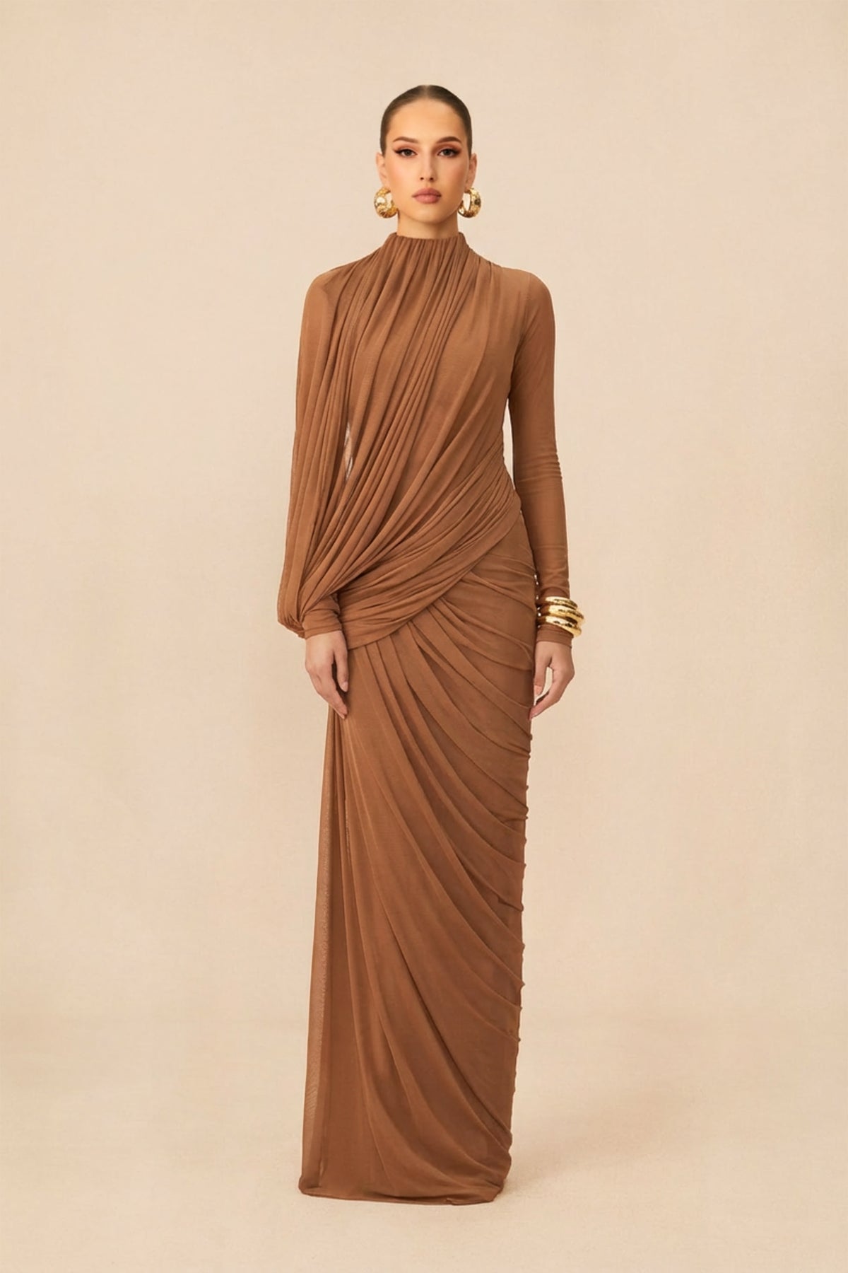 Maxi Dress With High Neck Asymmetric Drape Detail - 7
